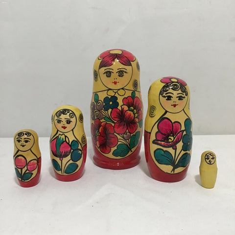 5pc Red & Yellow Painted Wood Nesting Doll Set