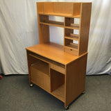 Modern Oak Veneer Rolling Computer Desk & Hutch