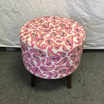 Modern MCM Round Pink Paisley Upholstered Ottoman