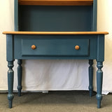 Vintage Farmhouse Solid Oak & Blue Laminate Side Table & Hutch