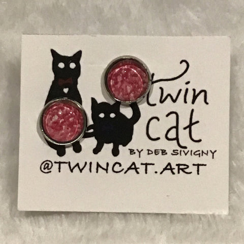 Twin Cat Red & White Medium Stud Earrings