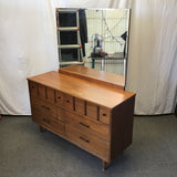 Vintage MCM Walnut Veneer 6-Drawer Dresser & Mirror