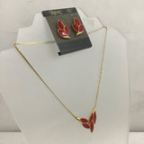 Vintage 3pc Trifari Red Enamel Leaves on Gold-Tone Necklace & Earrings Set
