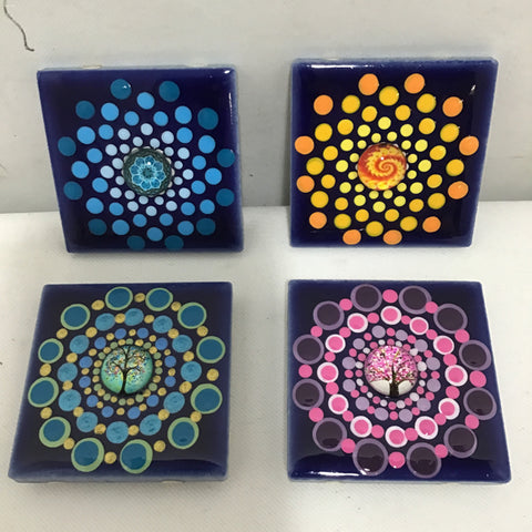 Susan Sitaraman Single Hand Painted Mandala On Blue Tile Magnet