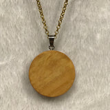 Twin Cat Orange Textured Design  in Wood Bezel Necklace on Gold Chain