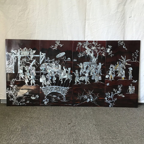 Vintage Mother-of-Pearl Inlaid Red & Black Lacquer Quadriptych