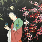 Vintage Faux-Bamboo Framed Painting of Geisha on Canvas