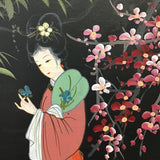 Vintage Faux-Bamboo Framed Painting of Geisha on Canvas