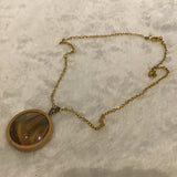 Twin Cat Green Botanical Print in Wood Bezel Necklace on Gold Chain