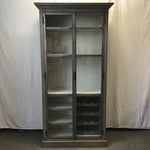 Modern Grey Solid Wood & Metal Glass-Front Bar Cabinet