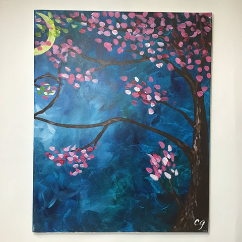 Original Blue & Pink Tree Blossoms Acrylic Painting on Canvas