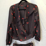 2pc Black & Red Silk Blouse & Midi Skirt