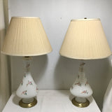 Pair of Vintage MC Floral-Painted White Glass Table Lamps