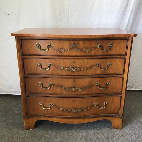 Vintage Drexel Walnut Veneer Floral 4-Drawer Dresser Vintage Drexel Walnut Veneer Floral 4-Drawer Dresser