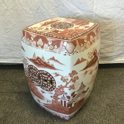 Modern Chinoiserie Pier 1 White & Brown Porcelain Garden Stool