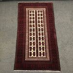 Vintage Hand Hooked Red & White & Black Geometric Wool 3x6 Area Rug