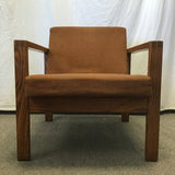 Vintage MCM Solid Oak & Brown Upholstered Armchair