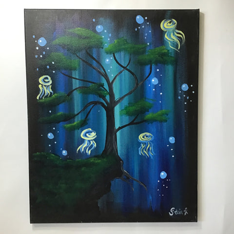 Original Blue & Green Jellyfish Tree Acrylic Painting on Canvas