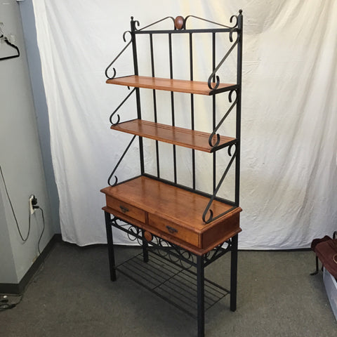 Modern Tropical Wood & Black Metal Baker's Rack