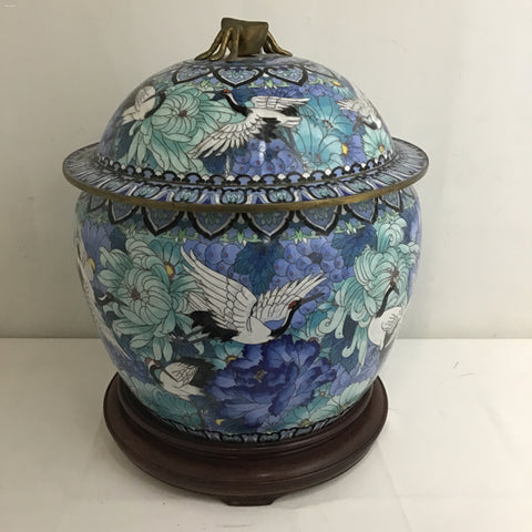 Vintage Blue & White Enameled Brass Cloisonne Ginger Jar