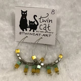 Twin Cat Hoop Earrings w/ Yellow & Green Square Beads