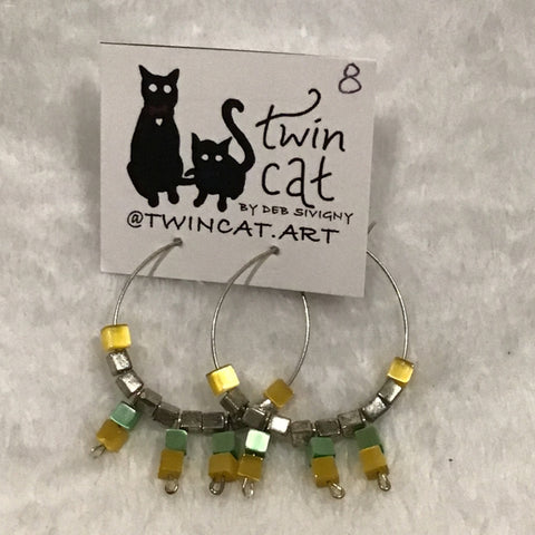 Twin Cat Hoop Earrings w/ Yellow & Green Square Beads