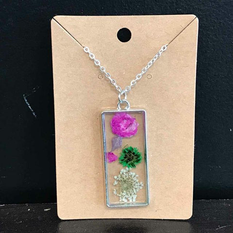 Rustic Petal Shop Pressed Flowers in Silver Rectangle Pendant Necklace