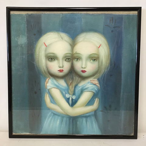 Framed Original Painting of Pale Twins in Blue Dresses