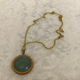 Twin Cat Blue Print in Wood Bezel Necklace on Gold Chain