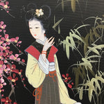 Vintage Faux-Bamboo Framed Painting of Geisha on Canvas