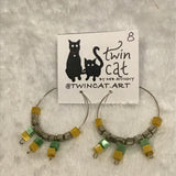 Twin Cat Hoop Earrings w/ Yellow & Green Square Beads