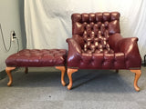 Vintage Regency Red Tufted Leather Armchair & Ottoman