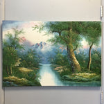 Original River & Mountain Landscape Scene Oil Painting on Canvas