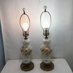 Pair of Vintage Floral Painted White Glass Table Lamps