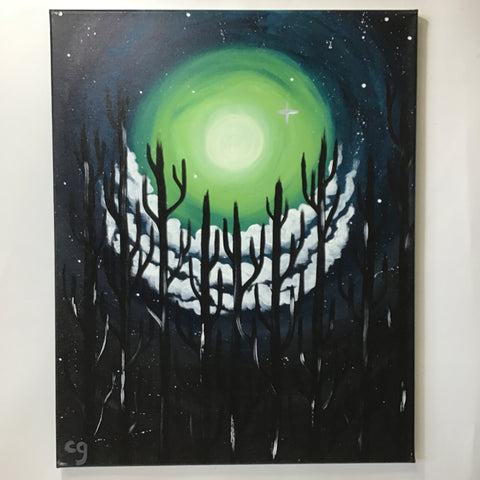 Original Black & Green "Galactic Forest" Acrylic Painting on Canvas