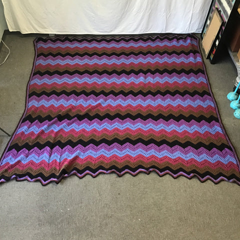 Handmade King-Size Blue, Pink, Purple, Brown, & Black Knit Blanket