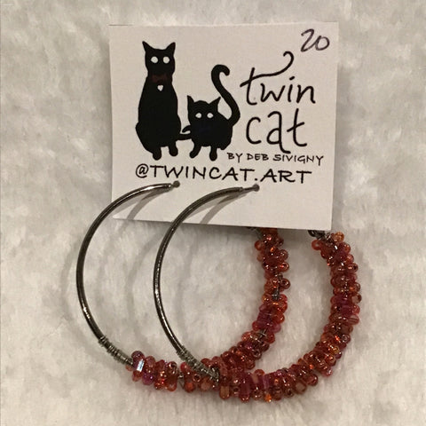 Twin Cat Hoop Earrings w/ Red Seed Beads