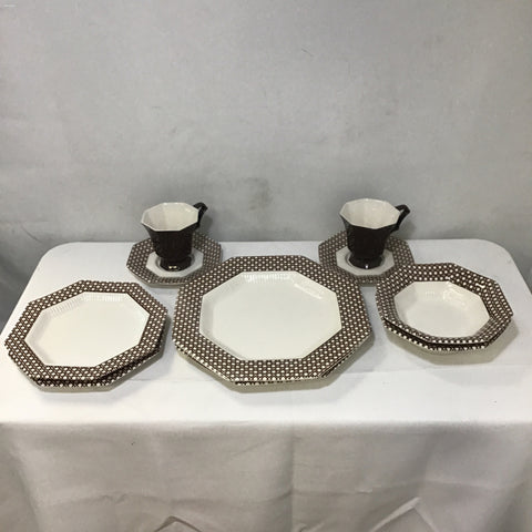 10pc Service for 2 Vintage Brown Hexagonal Dish Set