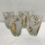 Set of 4 1961 MCM Libbey 22K Gold Leaves Frosted Highball Glasses