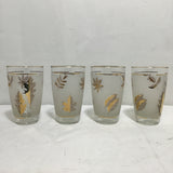 Set of 4 1961 MCM Libbey 22K Gold Leaves Frosted Highball Glasses