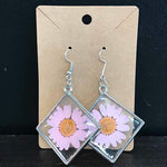 Rustic Petal Shop Pressed Pink Flowers in Silver Square Earrings