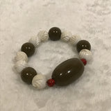 Twin Cat White & Olive Green Beaded Elastic Bracelet