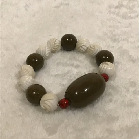 Twin Cat White & Olive Green Beaded Elastic Bracelet