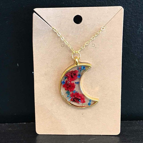 Rustic Petal Shop Pressed Red & Blue Flowers in Gold Moon Pendant Necklace