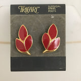 Vintage 3pc Trifari Red Enamel Leaves on Gold-Tone Necklace & Earrings Set