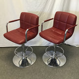Pair of Modern Red Vinyl & Chrome Adjustable-Height Stools