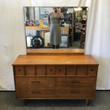 Vintage MCM Walnut Veneer 6-Drawer Dresser & Mirror