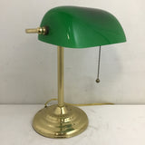 Vintage Green Glass & Brass Metal Banker's Table Lamp