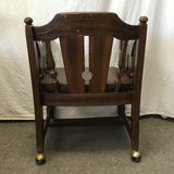 Vintage Jacobean Revival Solid Walnut & Brown Vinyl Rolling Armchair