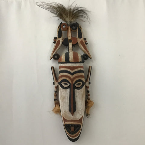 Vintage Brown & White Painted Carved Wooden Mask